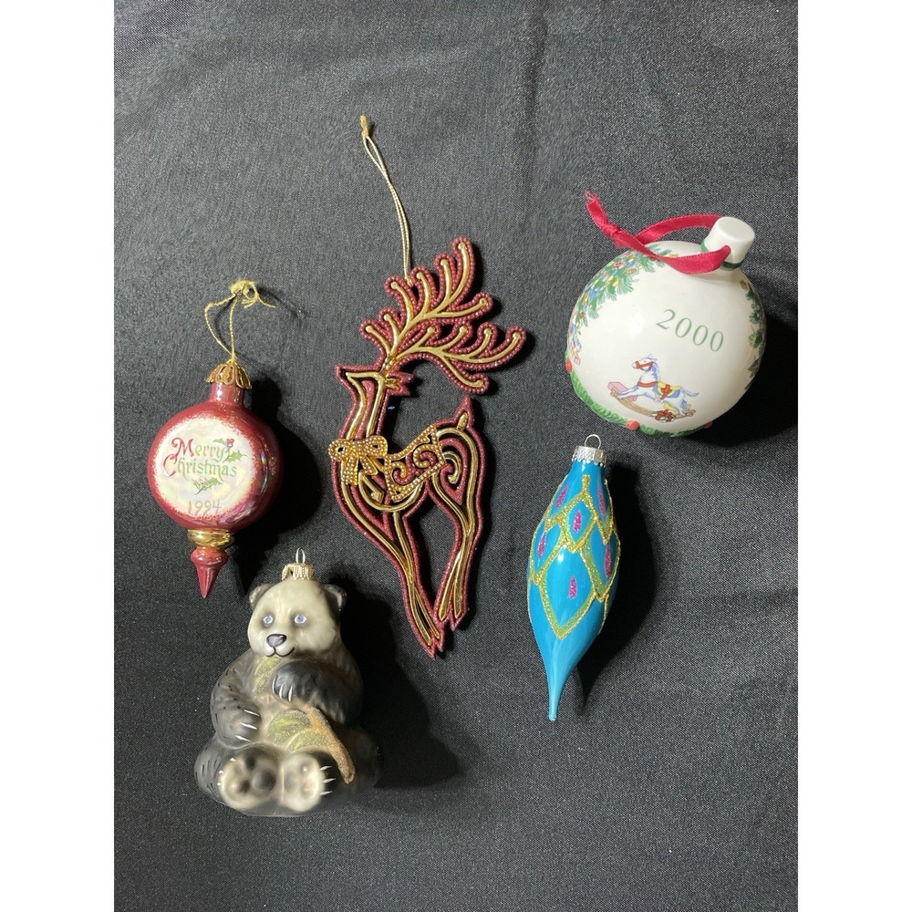 Vintage Christmas Ornament Lot 1990s Mixed Glass Resin Porcelain 5pc Holiday